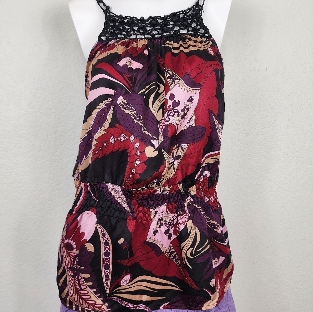 Vintage Cache Y2K Graphic 100% Silk Sleeveless Beaded Neckline Top Size M